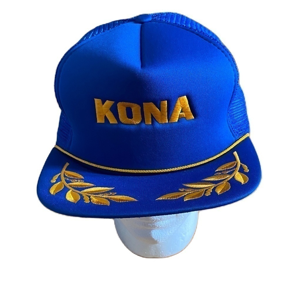 Vintage KONA Trucker Mesh Snap Back Hat Blue Gold Hawaii Gold Leaf Lapel